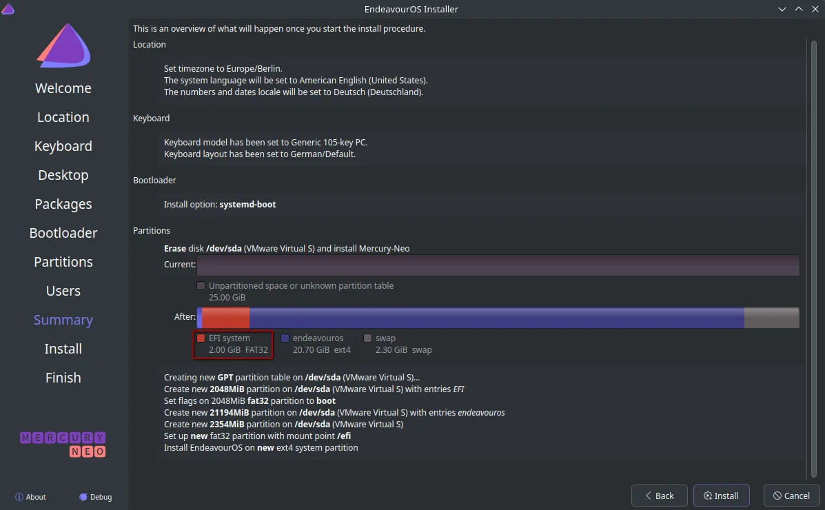 The installer’s summary screen for a systemd-boot install, with the EFI system partition highlighted in red at 2.00 GiB, FAT32.