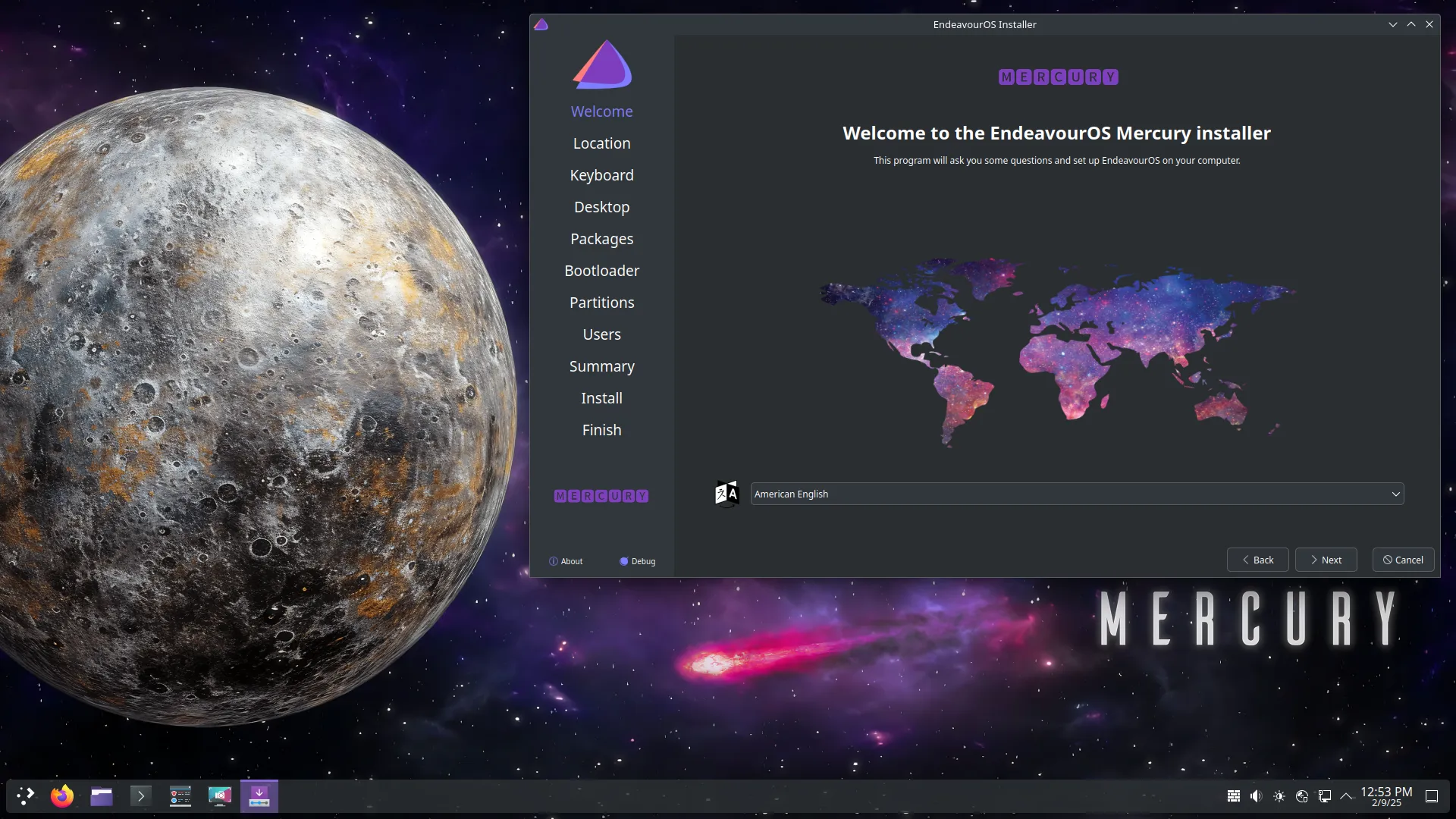 The EndeavourOS Mercury live session: the Calamares installer's welcome screen open over the Mercury wallpaper, with the desktop taskbar along the bottom.