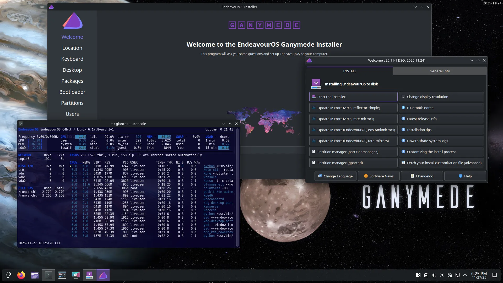 The Ganymede live session: the Calamares welcome screen and the EndeavourOS Welcome app open over the Ganymede wallpaper, with Konsole running glances.