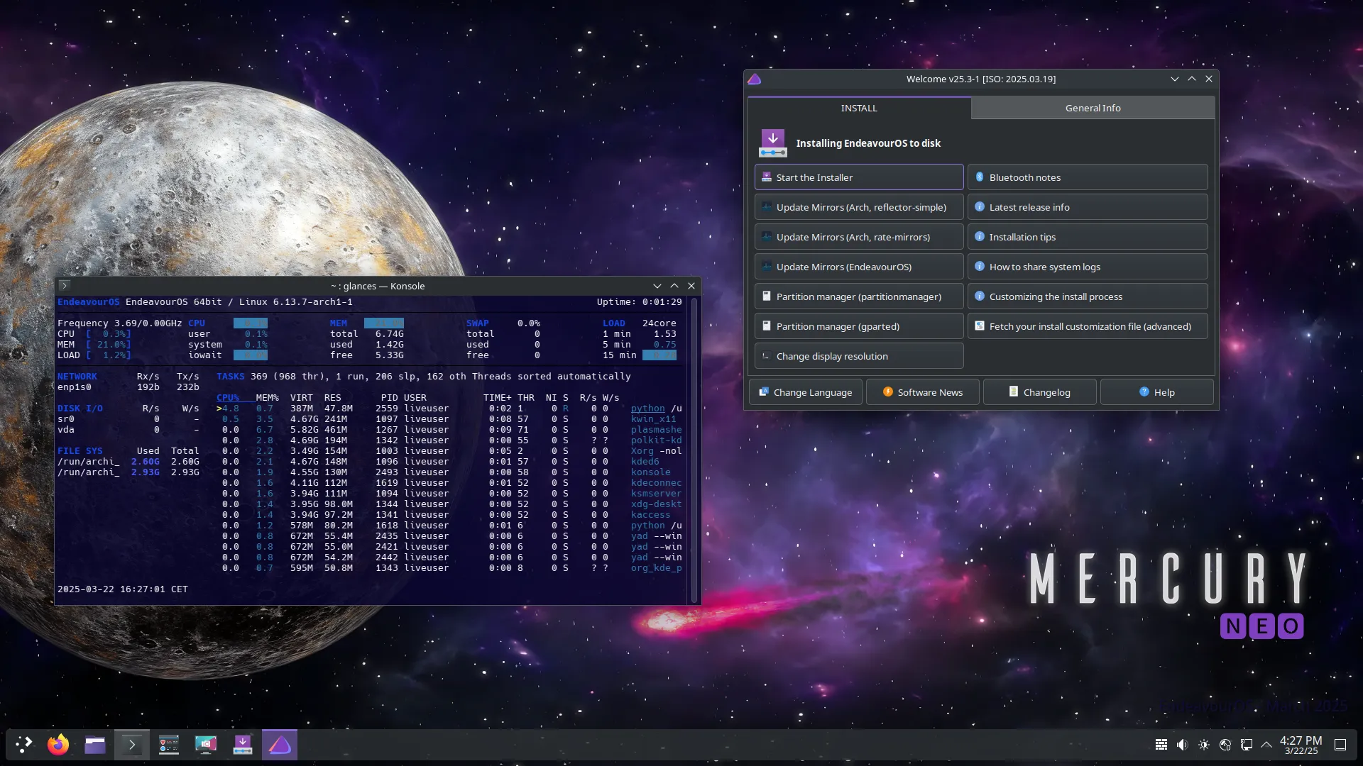 The Mercury Neo live session: the EndeavourOS Welcome app listing installer and mirror-update options, with a Konsole window running glances beside it.