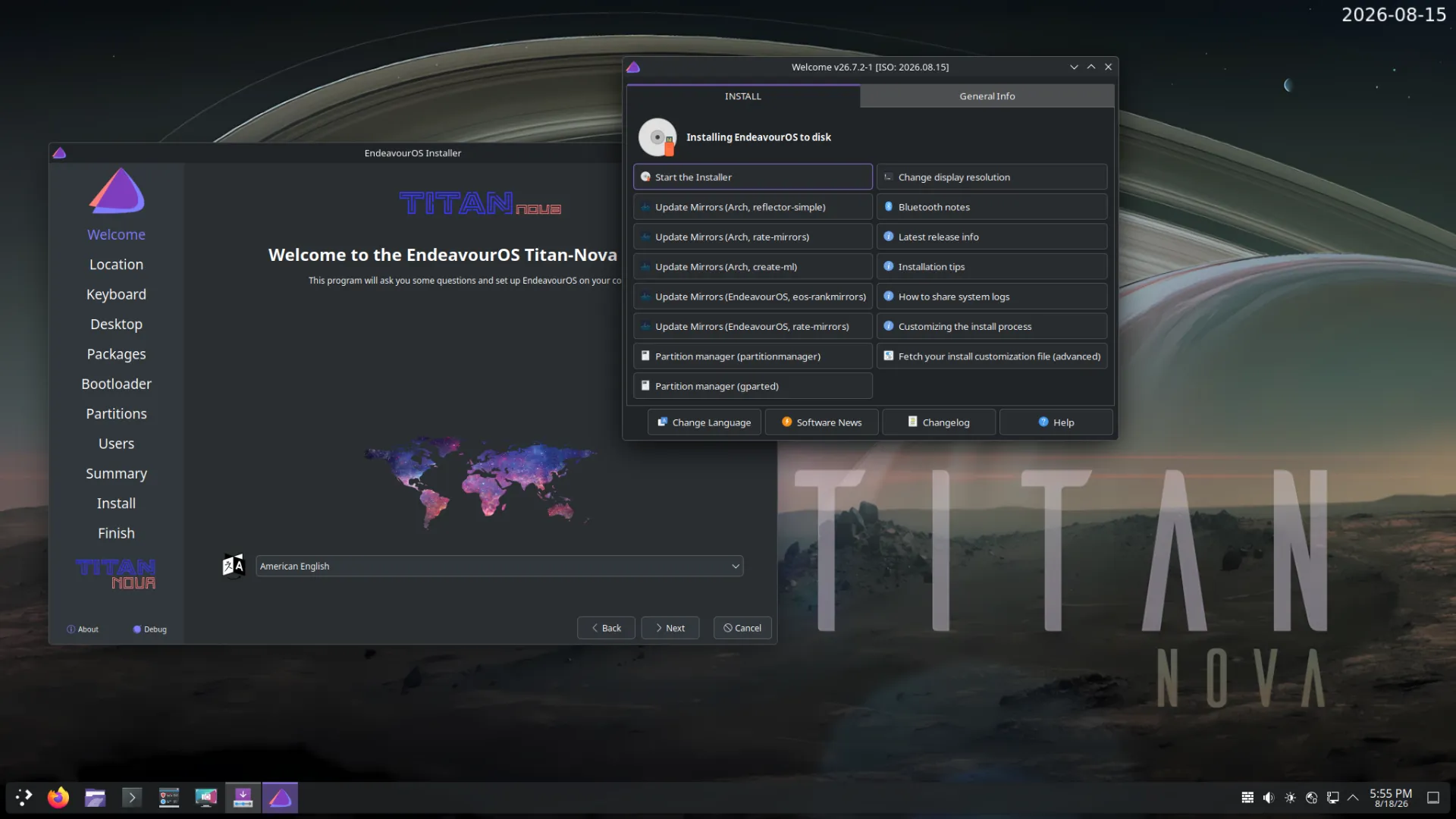 The Titan Nova live session: the Calamares installer and the EndeavourOS Welcome app open over the Titan Nova wallpaper.