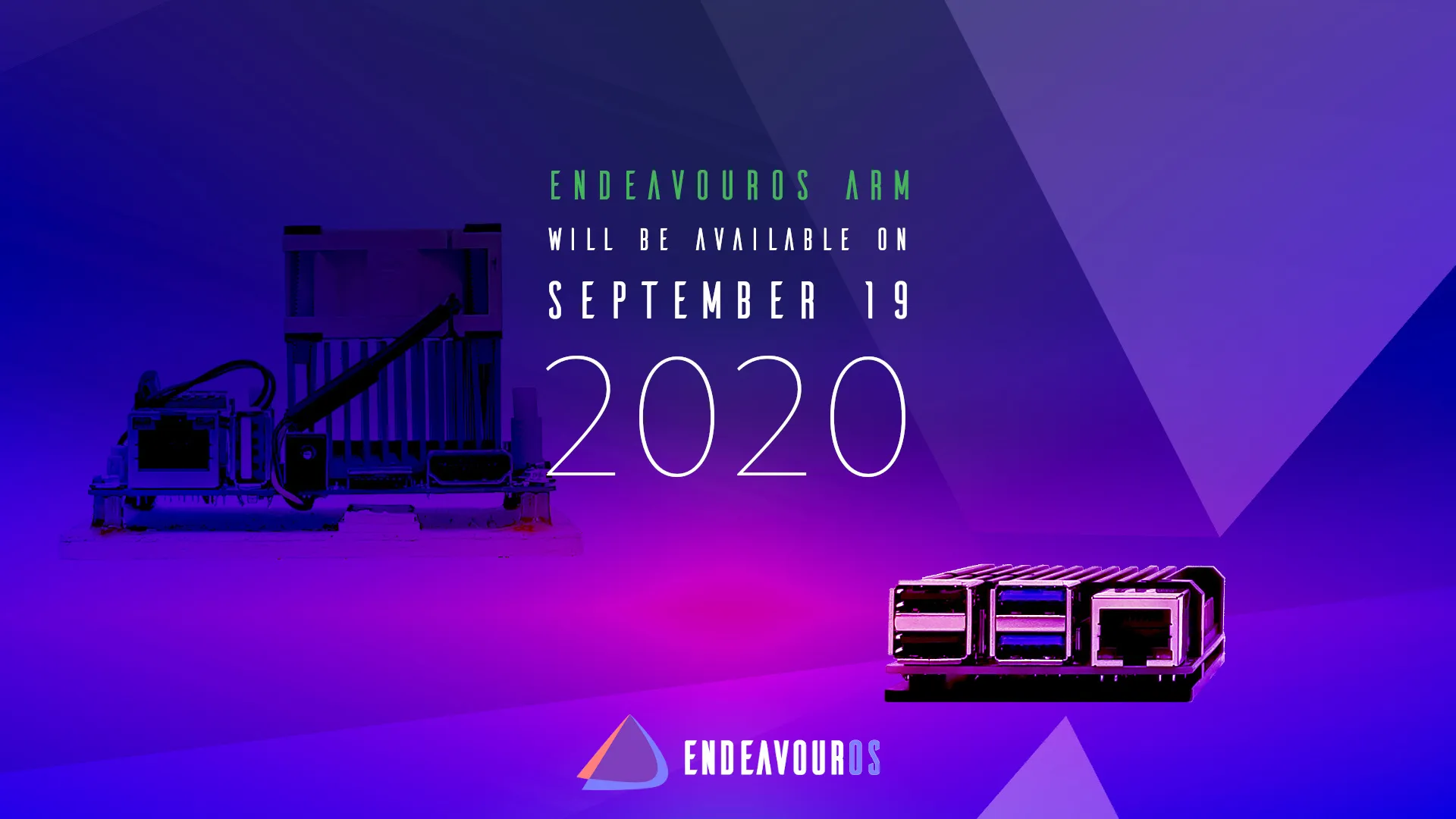 The announcement graphic: two single-board computers lit purple — one under a tall finned heatsink, one a Raspberry Pi — beside the words “EndeavourOS ARM will be available on September 19 2020”.
