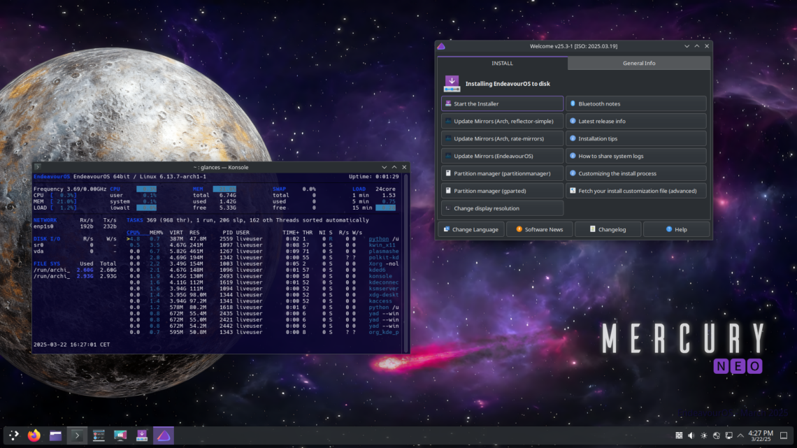 Mercury Neo with Linux 6.13.7 and Arch mirror ranking bug fix